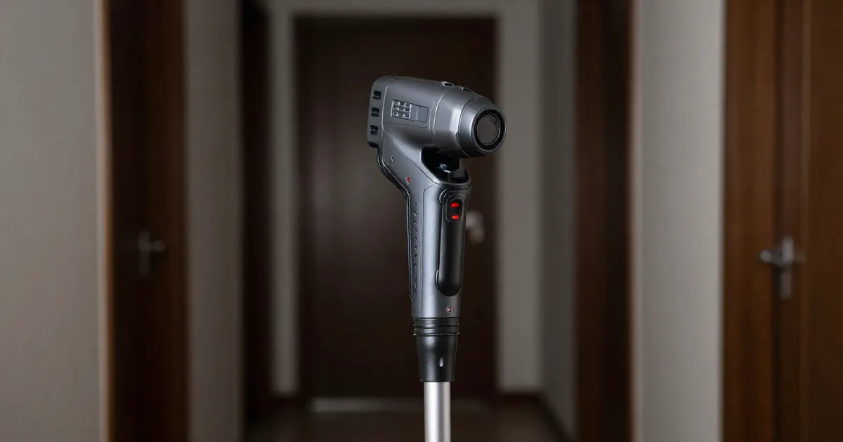 Illustration of a generic cordless vacuum handheld unit held upright in a hallway, seen close up