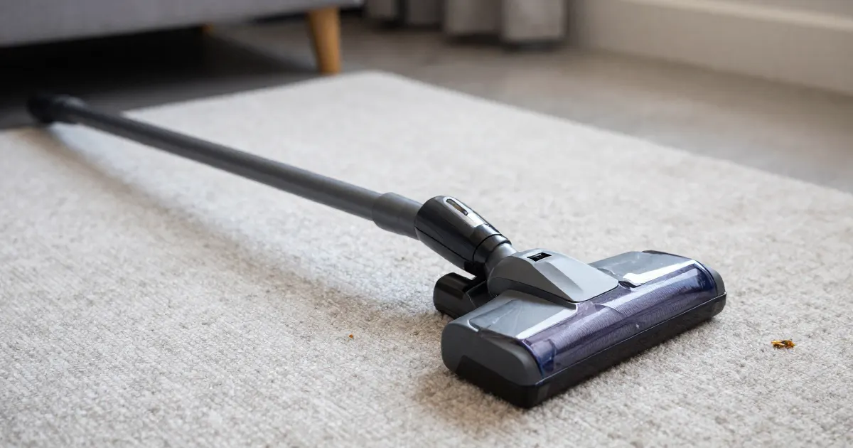 Illustration of a generic cordless stick vacuum lying on a light carpet, floor head in the foreground