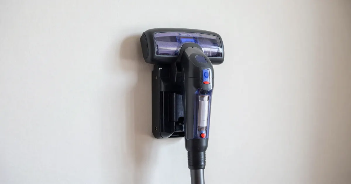 Illustration of a generic cordless vacuum hanging on a wall-mounted charging bracket
