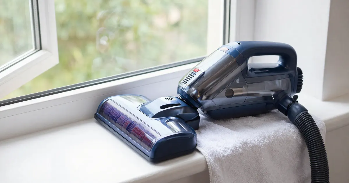 Illustration of a generic handheld vacuum resting on a towel by an open window