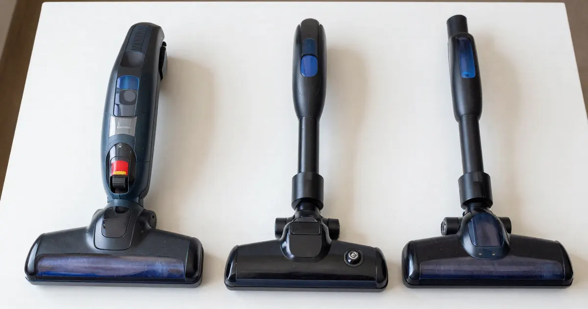 Illustration of three generic cordless stick vacuum parts laid out on a table