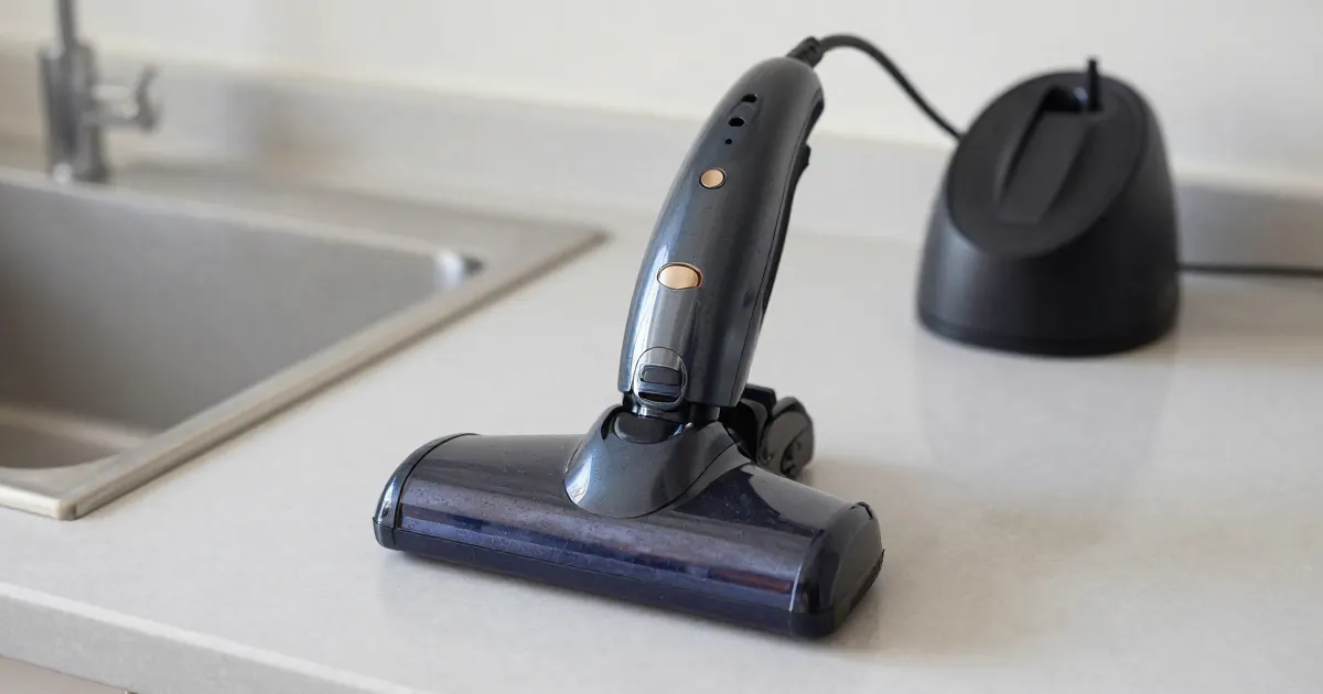 Illustration of a generic handheld vacuum with a small motorized brush on a kitchen counter, next to its charging stand