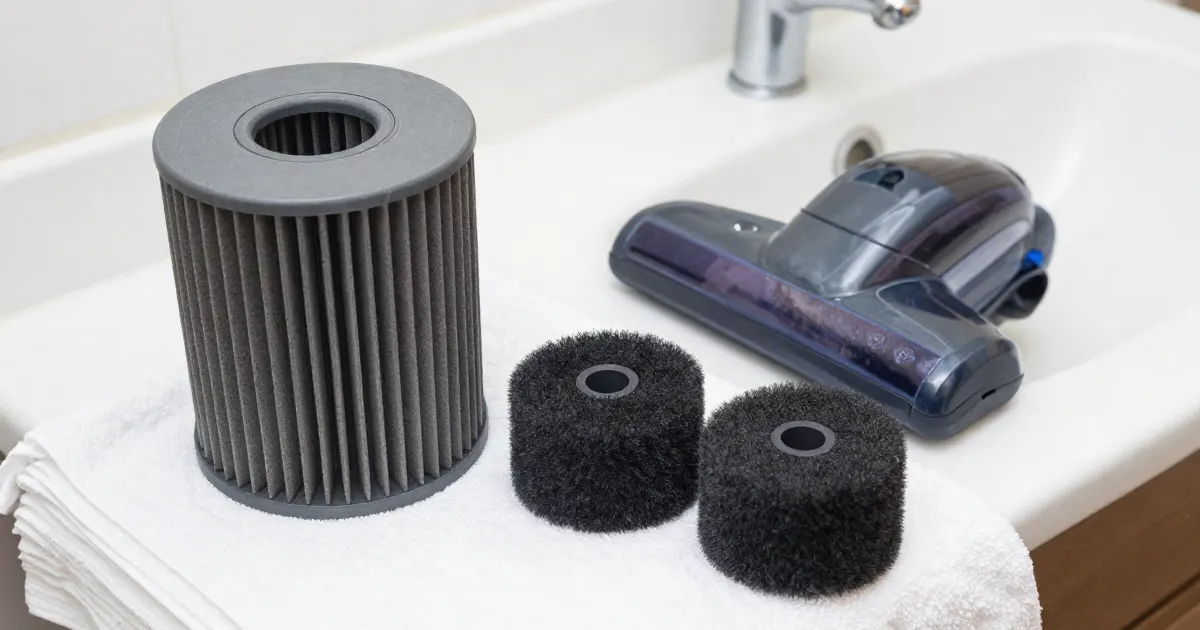 Illustration of a generic pleated cylinder filter, two foam filters and a cordless vacuum floor head on a towel by a sink