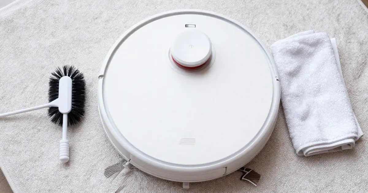 Illustration of a generic white robot vacuum on a rug, next to a small cleaning brush and a folded cloth