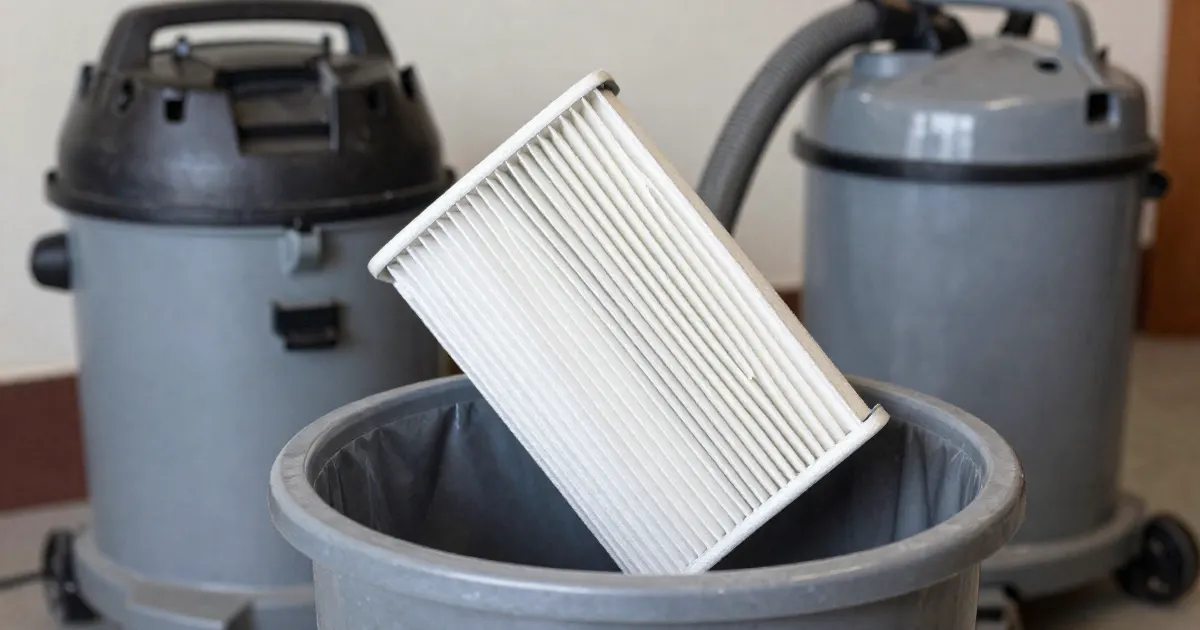 Illustration of a generic pleated cartridge filter resting in the open drum of a wet/dry shop vacuum