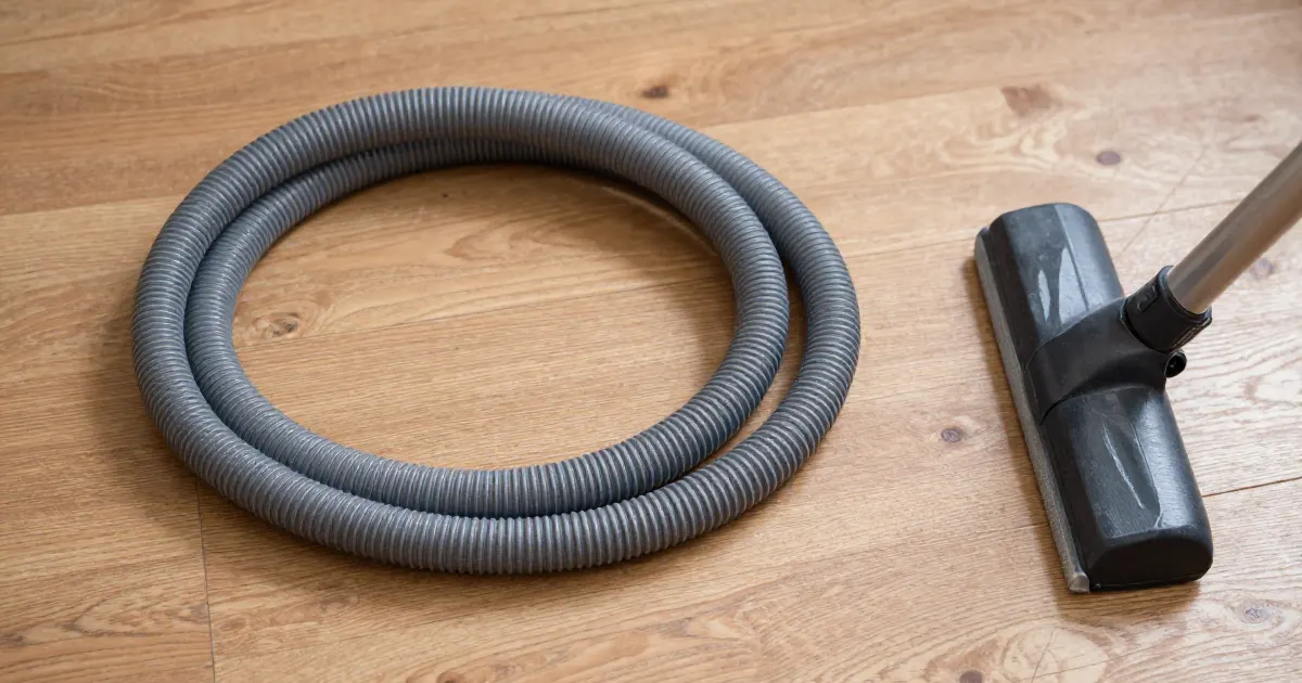 Illustration of a generic grey vacuum hose coiled on a wooden floor beside a floor nozzle