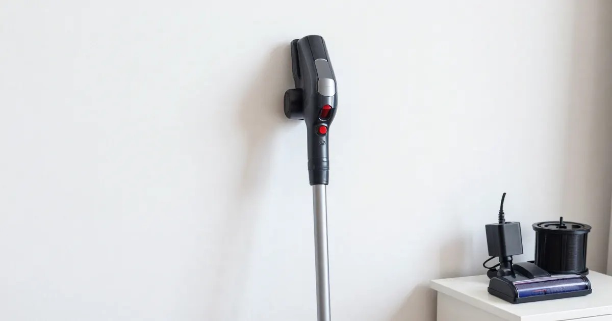 Illustration of a generic cordless stick vacuum leaning against a white wall near a small accessory stand