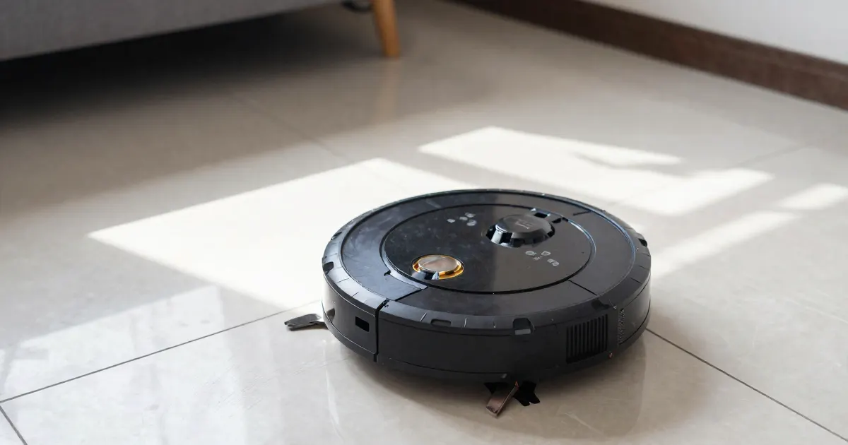 Illustration of a generic robot mop on a glossy tiled floor in low sunlight
