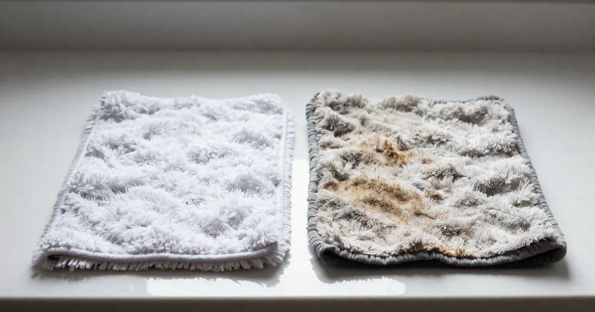 Illustration of a clean and a dirty microfiber robot mop pad side by side