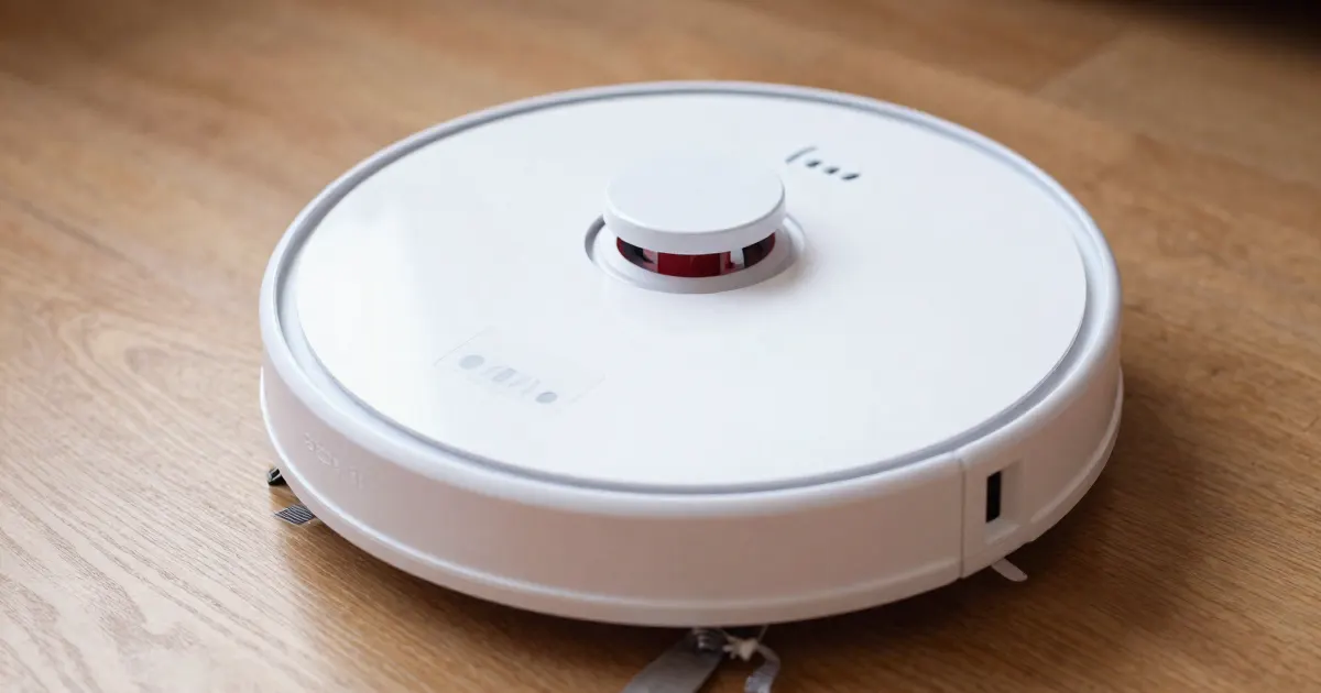 Illustration of a generic white robot vacuum mop on a wooden floor, seen from slightly above