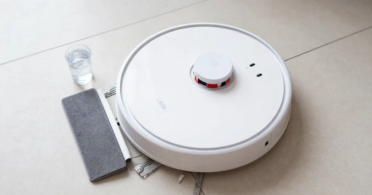 Illustration of a generic robot vacuum mop with a removed mop pad and a glass of water