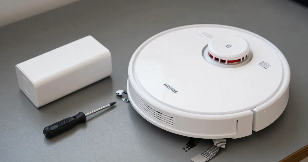 Illustration of a generic white robot vacuum on a table with a rectangular battery pack and a screwdriver beside it