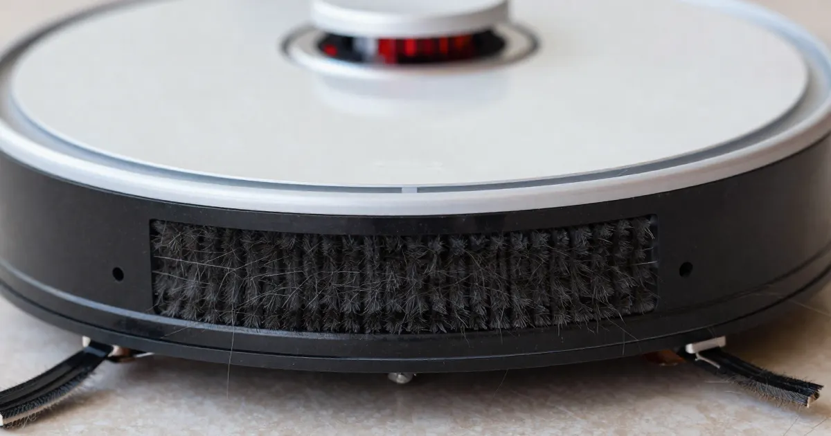 Illustration of the side of a generic robot vacuum seen close up, showing the main brush opening and side brushes