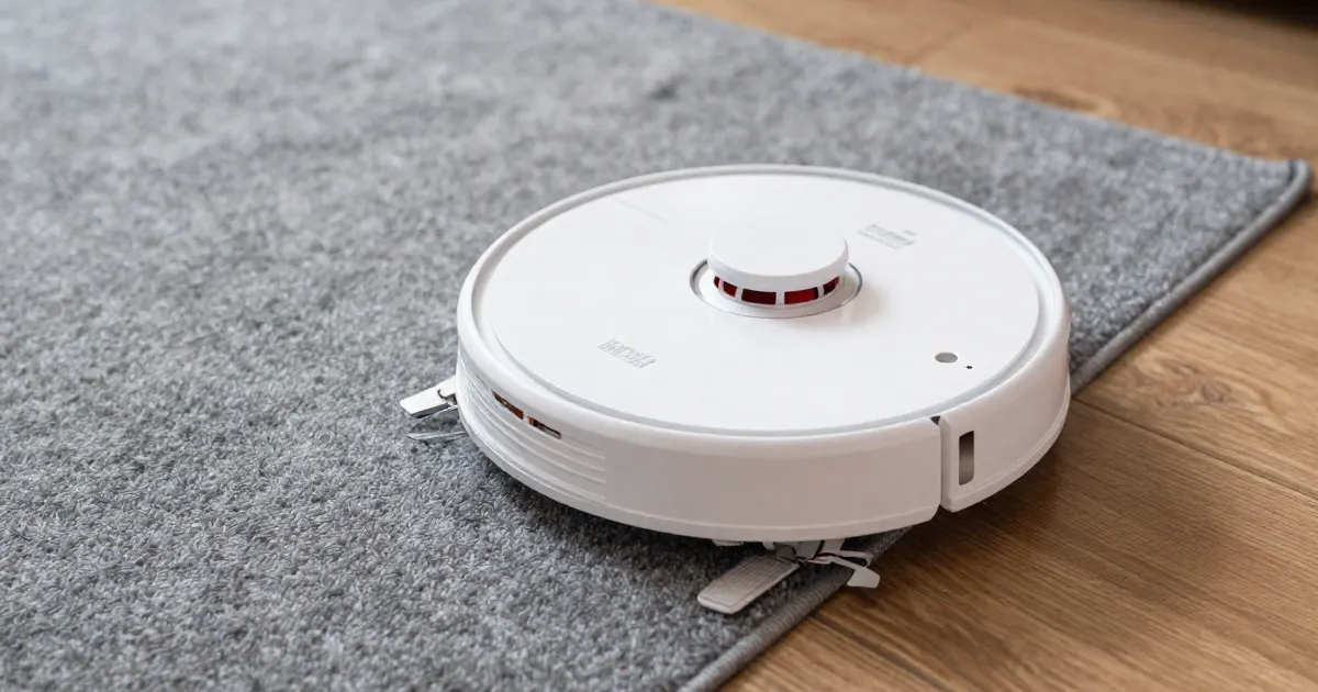Illustration of a generic white robot vacuum crossing from a wooden floor onto a grey rug