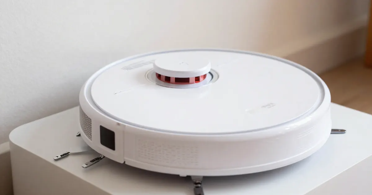 Illustration of a generic white robot vacuum sitting on a low white charging base against a wall