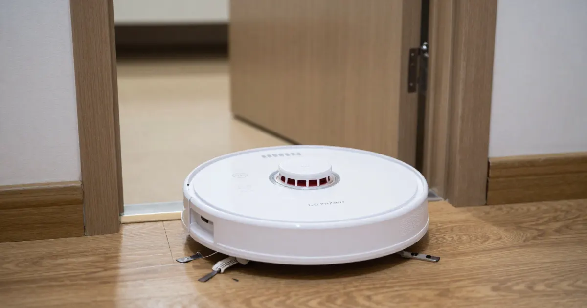 Illustration of a generic white robot vacuum on a wooden floor in front of an open doorway