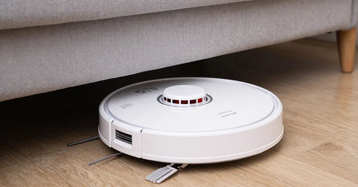 Illustration of a generic white robot vacuum partly under the edge of a sofa on a wooden floor