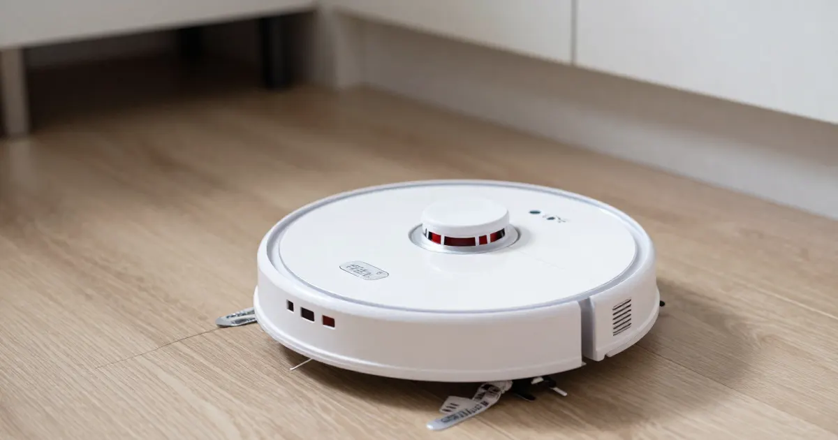 Illustration of a generic white robot vacuum stopped in the middle of a wooden floor near a wall