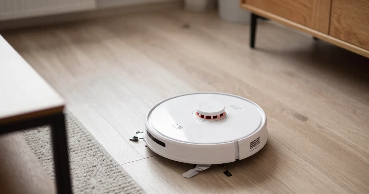 Illustration of a generic robot vacuum on a living room floor between furniture and a rug