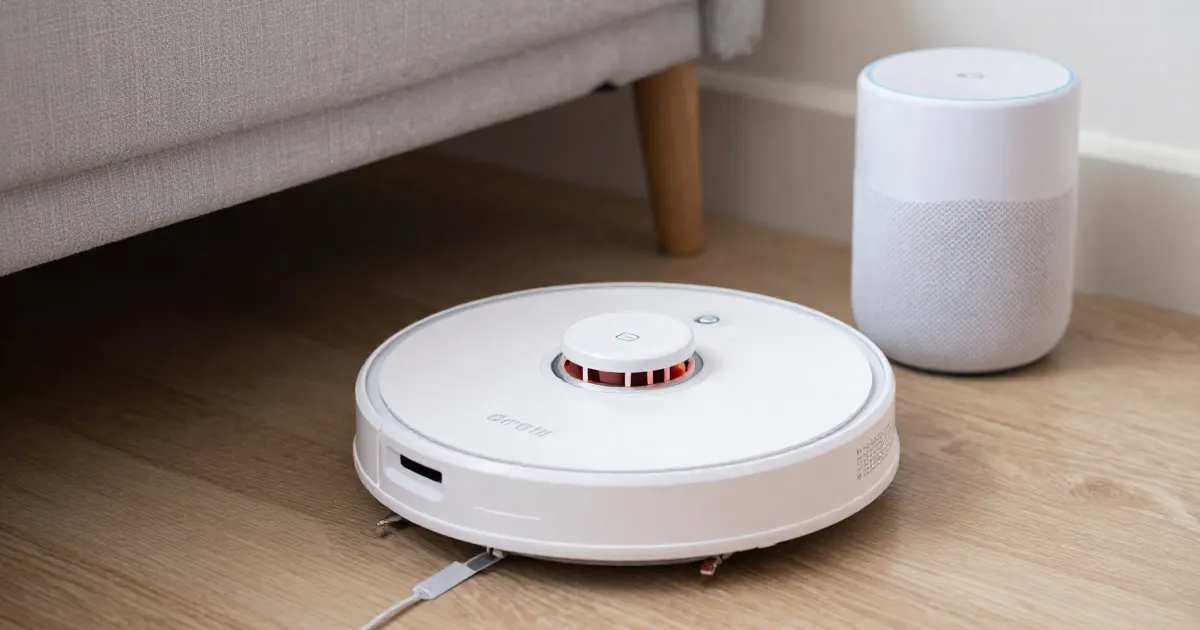 Illustration of a generic white robot vacuum on a wooden floor next to a plain white smart speaker