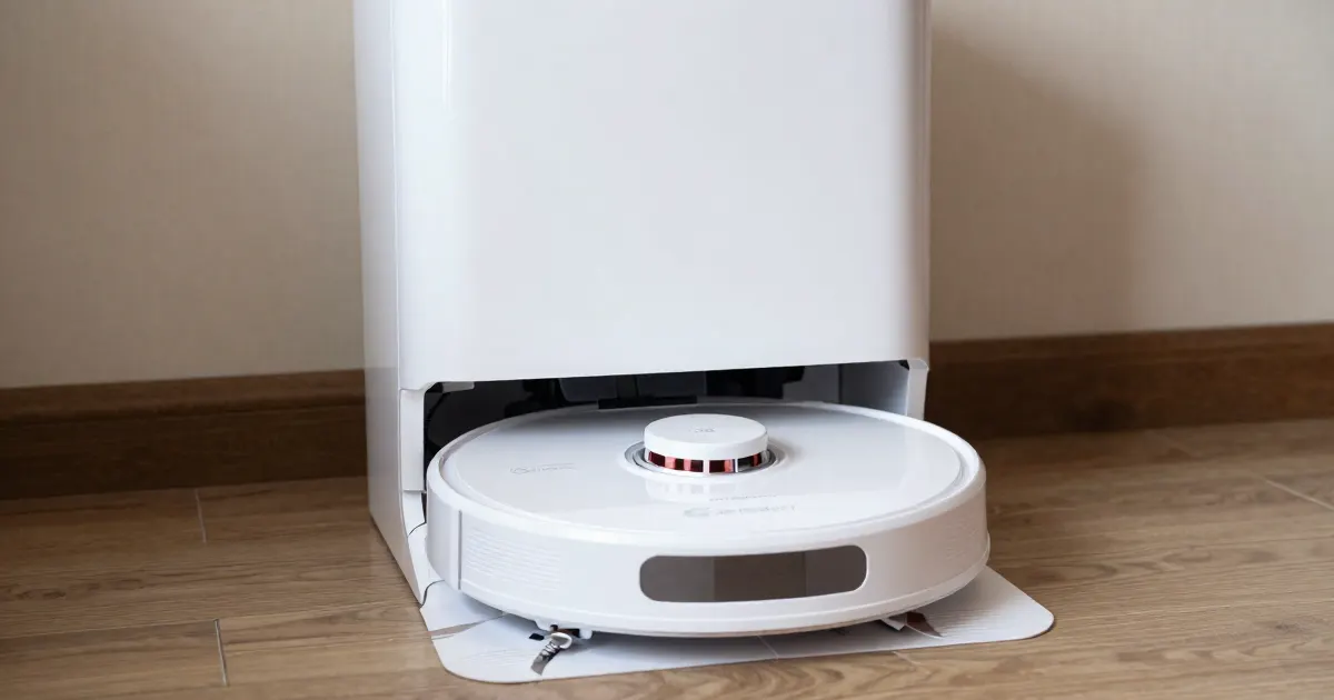 Illustration of a generic white robot vacuum parked in a tall self-emptying station