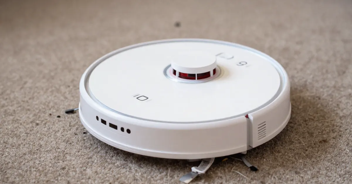 Illustration of a generic white robot vacuum on a beige carpet with small bits of debris around it