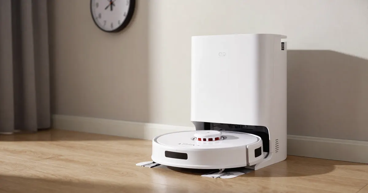 Illustration of a generic robot vacuum in its tall dock in a living room, with a wall clock above