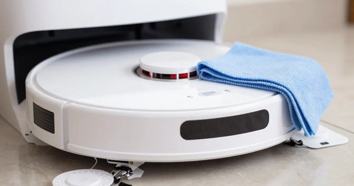 Illustration of a blue microfiber cloth draped over the edge of a generic white robot vacuum near its dock