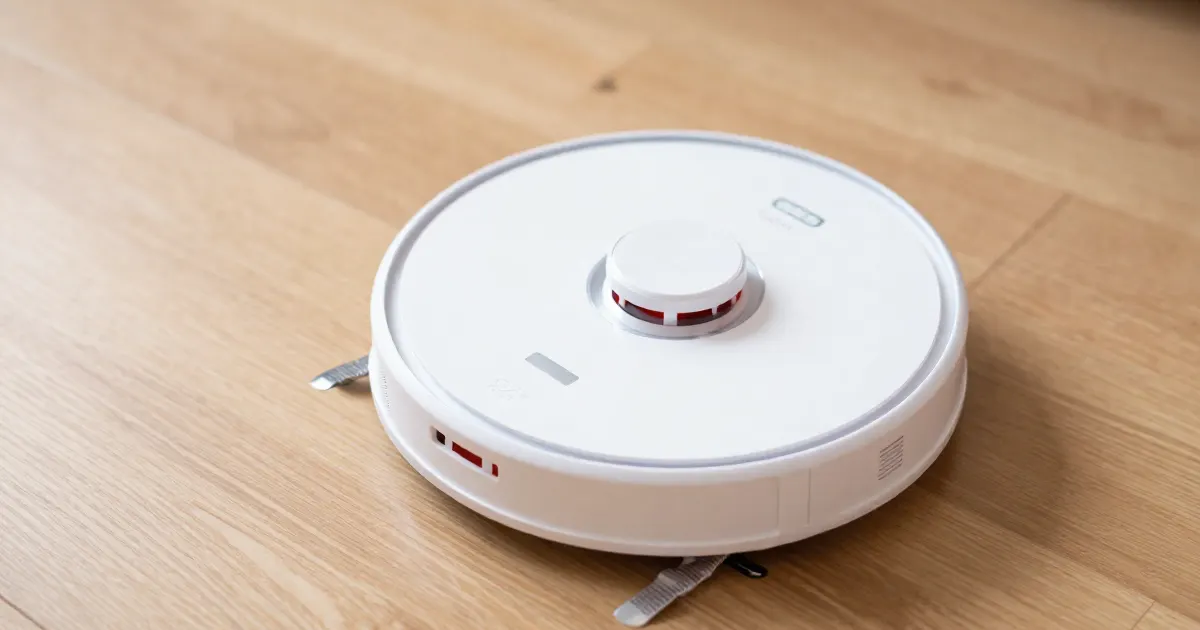 Illustration of a generic white robot vacuum on a wooden floor, seen from slightly above