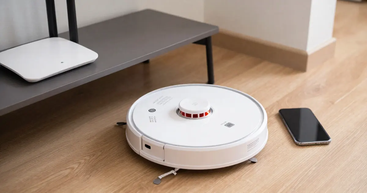 Illustration of a generic robot vacuum near a home Wi-Fi router and a smartphone