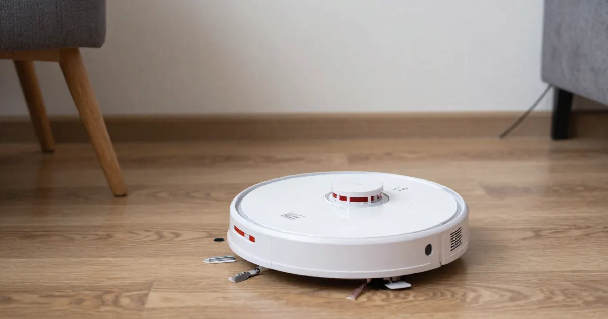 Illustration of a generic robot vacuum stopped on a living room floor near a chair