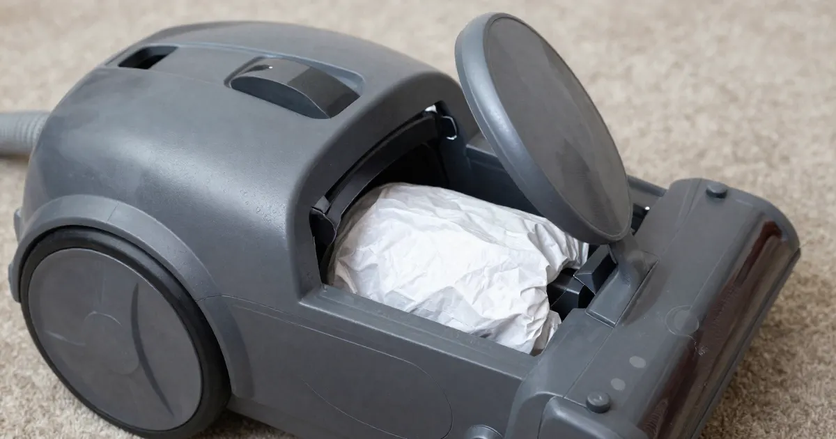Illustration of a generic grey canister vacuum with its lid open, showing a full paper dust bag inside