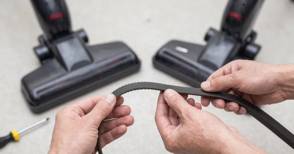Illustration of hands holding a vacuum drive belt in front of two floor heads, with a screwdriver