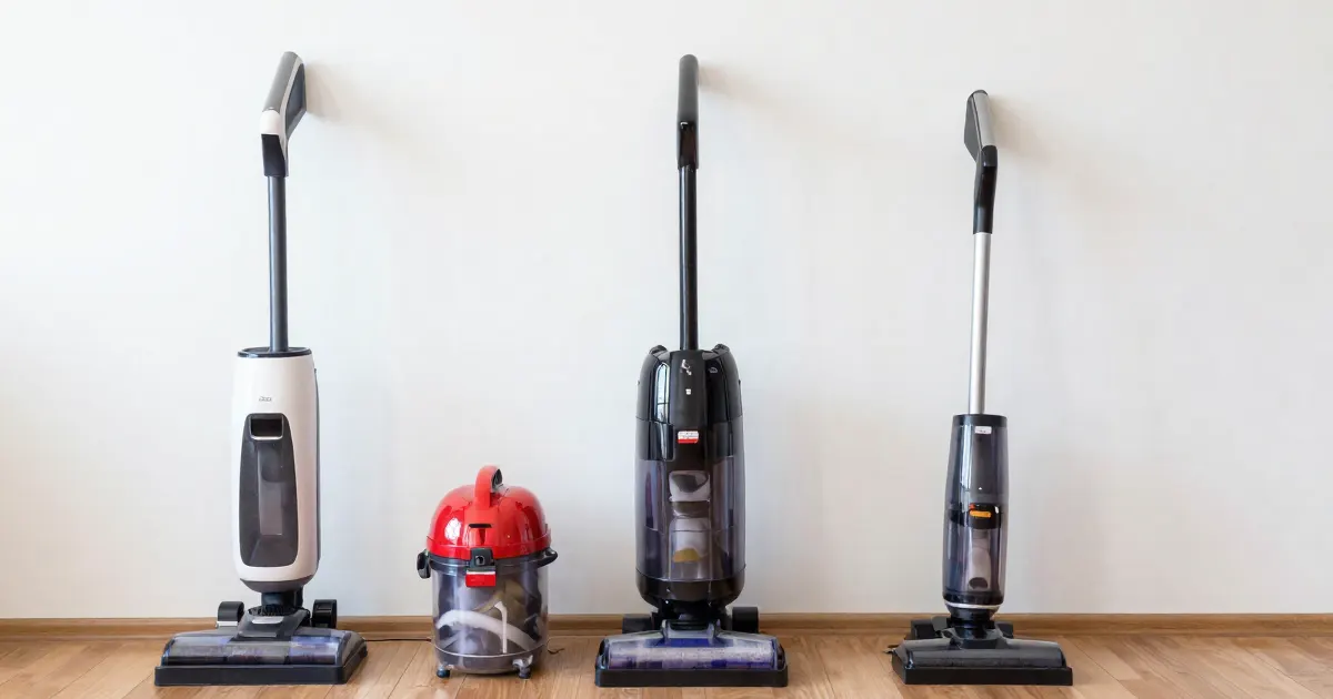 Illustration of several generic vacuums lined up against a wall: stick, upright and a small canister