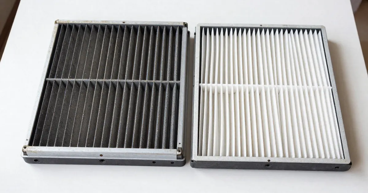 Illustration of two generic flat pleated vacuum filters, one dirty and one new, side by side