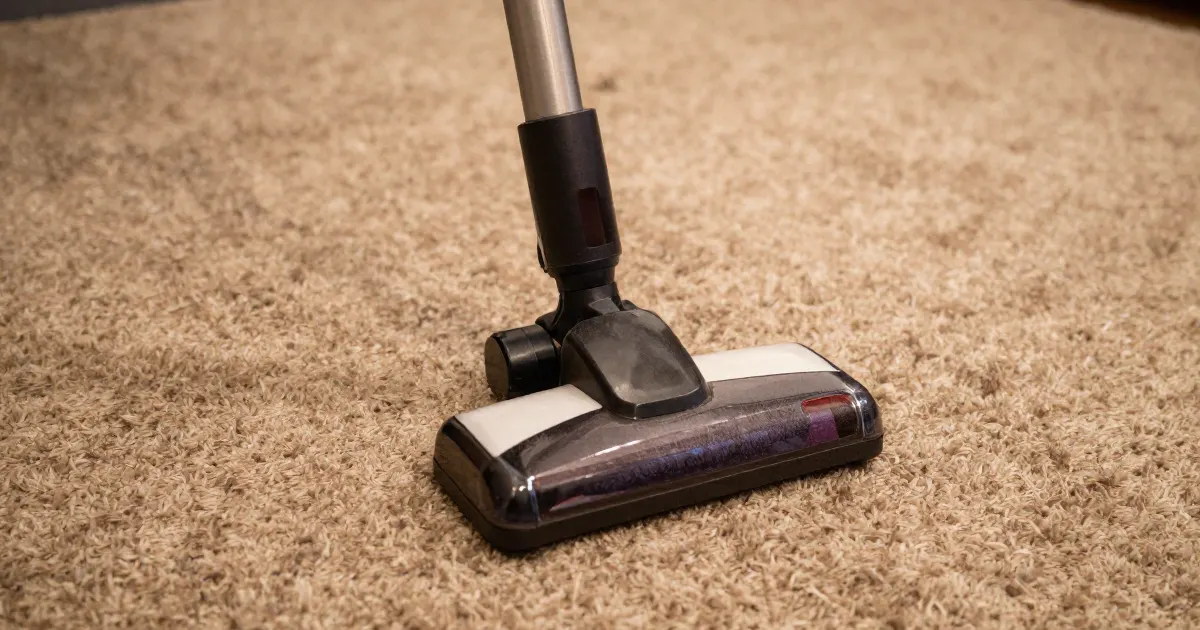 Illustration of a generic vacuum floor head on a thick beige carpet