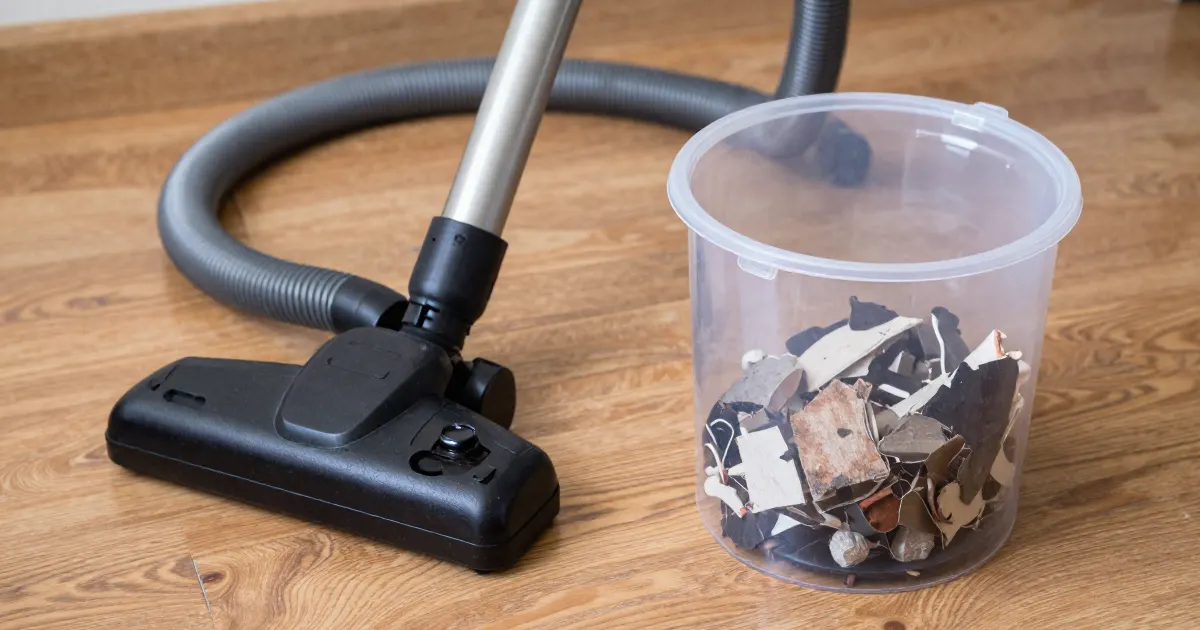 Illustration of a generic vacuum floor head and hose beside a clear container holding debris