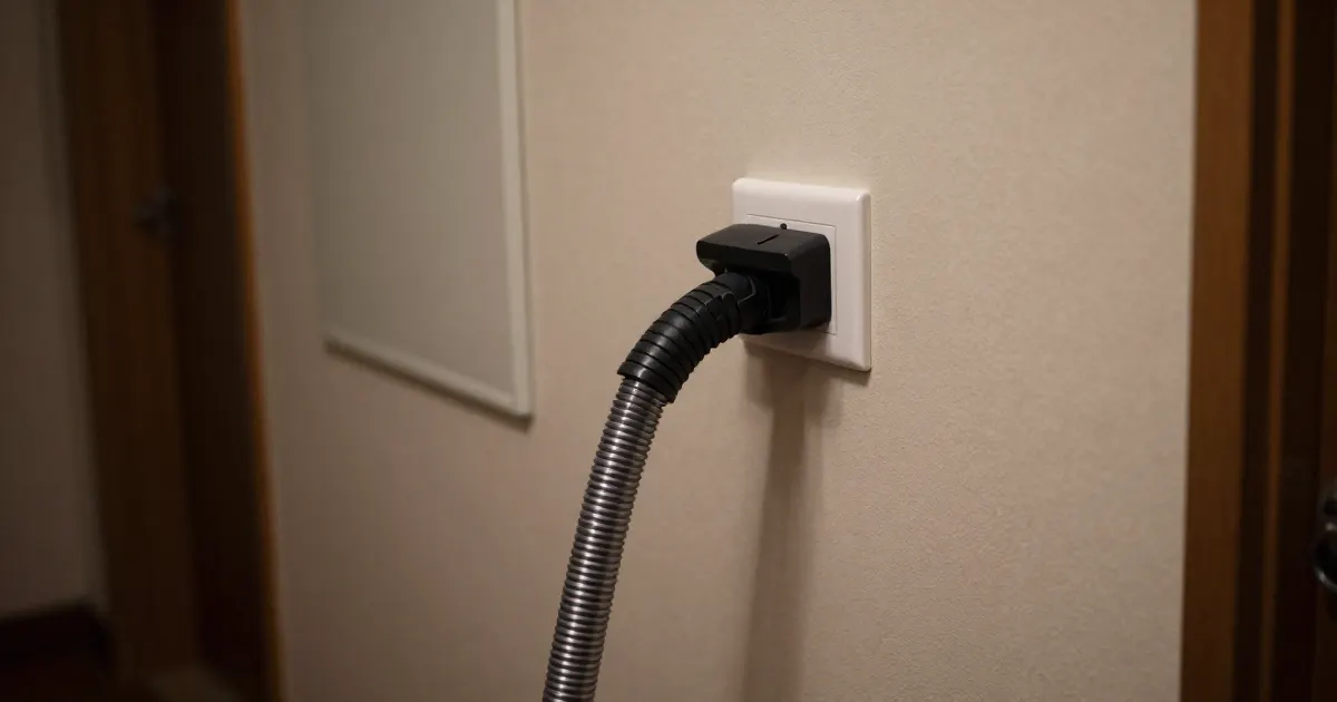Illustration of a generic vacuum power plug inserted into a wall outlet, cord and hose in view
