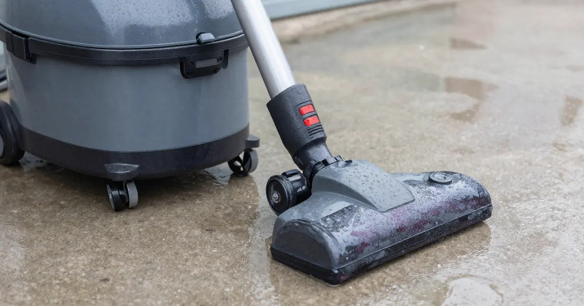 Illustration of a generic grey wet/dry shop vacuum and its floor nozzle on a wet concrete floor