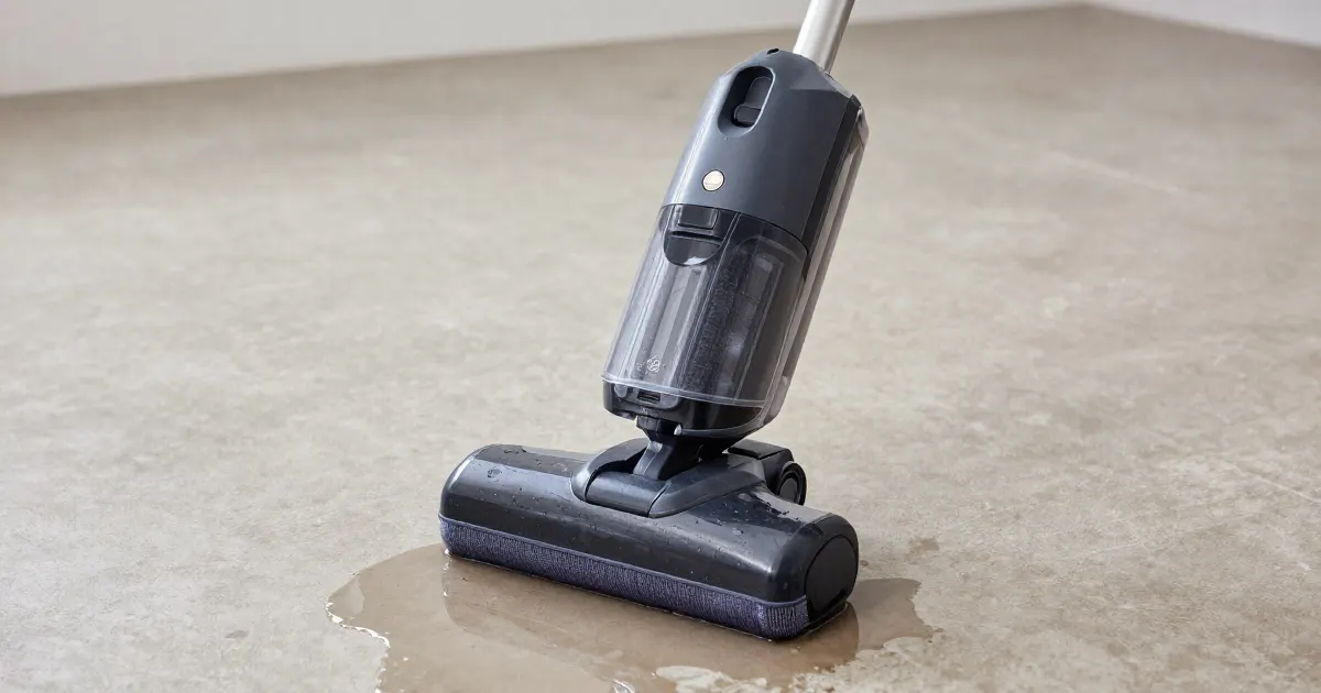 Illustration of a generic cordless floor washer on a tiled floor with a small pool of water under its head