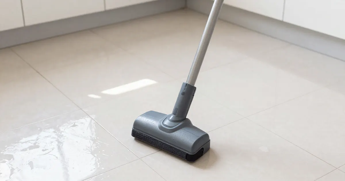Illustration of a generic cordless floor washer on a glossy tiled floor with wet marks visible in the light