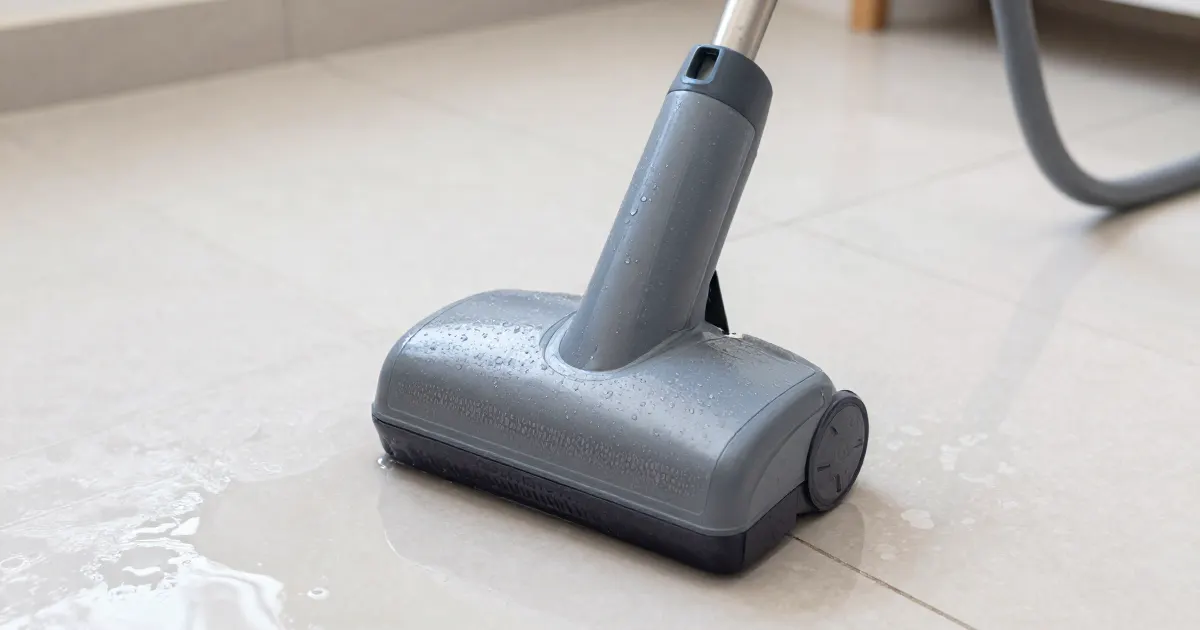 Illustration of the roller head of a generic cordless floor washer on a wet tiled floor, seen close up
