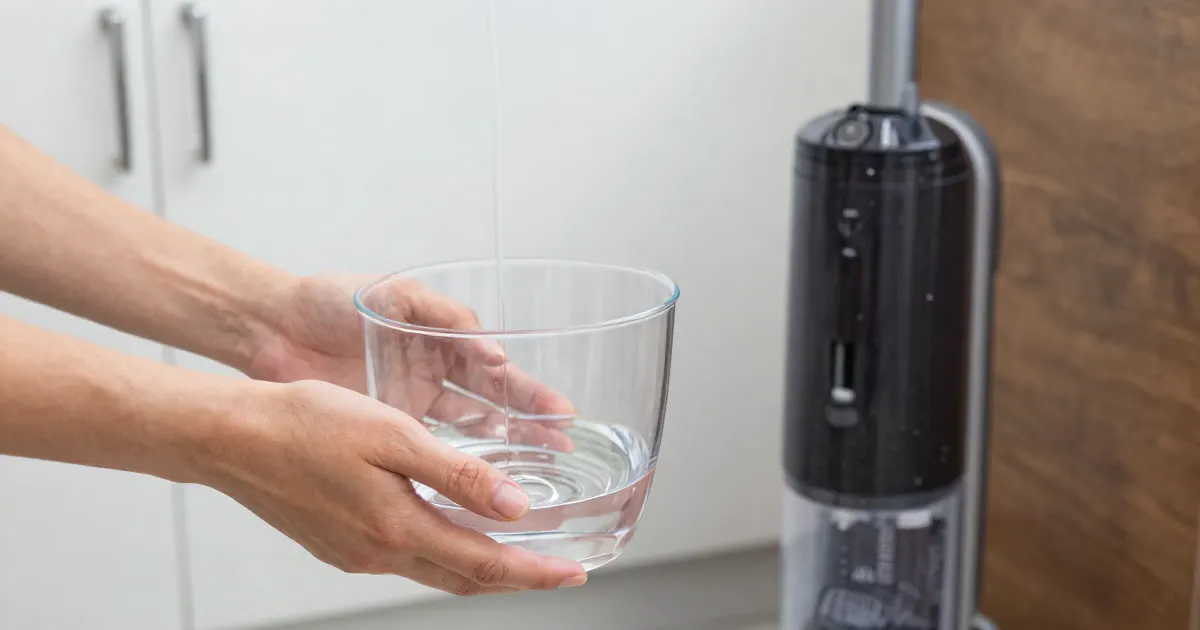 Illustration of hands holding a clear container of water beside a generic cordless floor washer in a kitchen