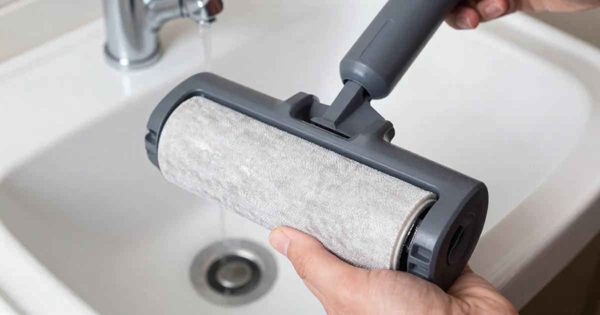Illustration of hands rinsing the soft roller of a generic cordless floor washer over a sink