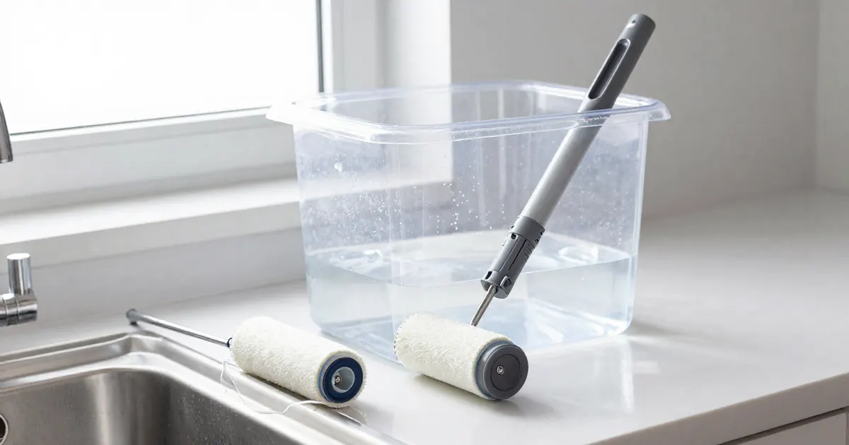 Illustration of two soft floor washer rollers and a clear tub of water drying by a kitchen sink